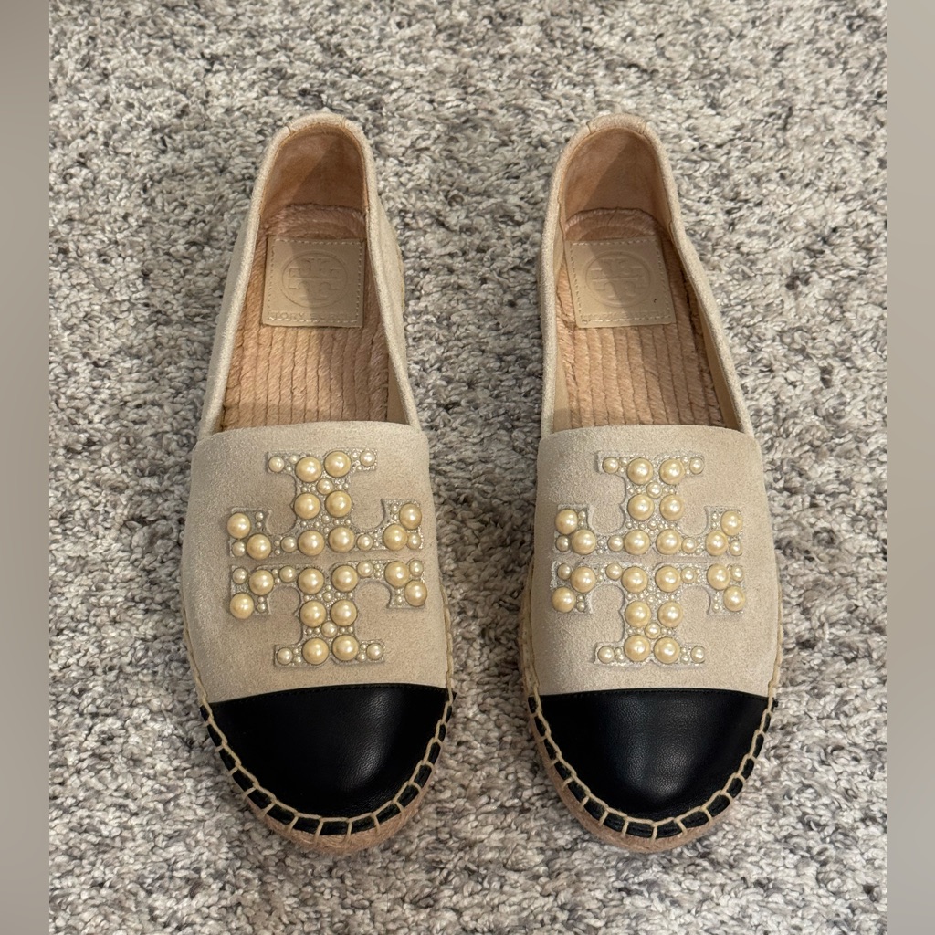 Tory Burch Beige & Black With Pearl Accents - Dulce De Leche Espadrilles Euc